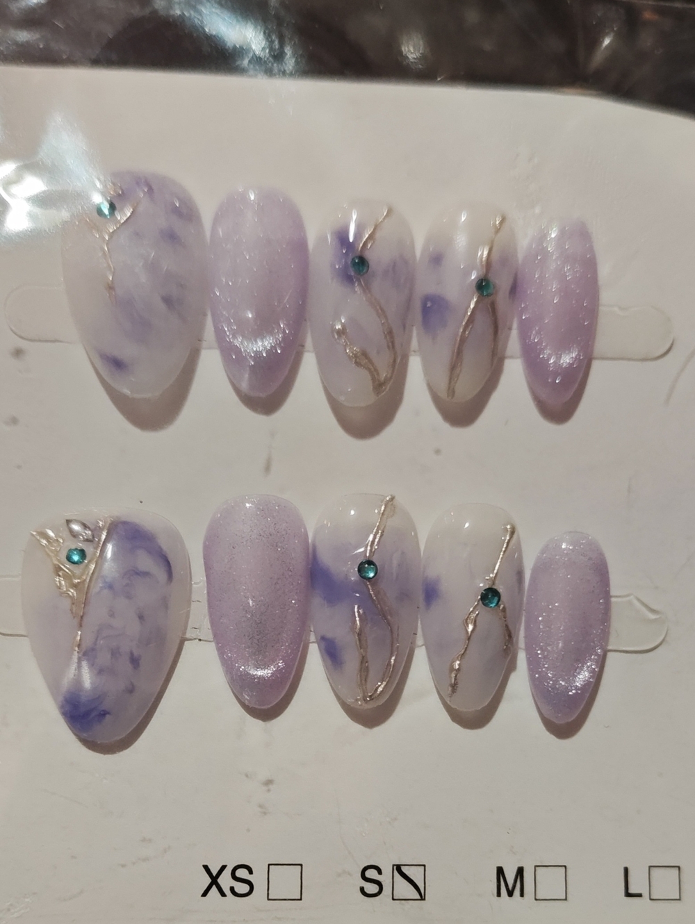 Lavender Marble Press-On Nail Set with Teal Accent Gems